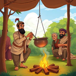 An amusing scene depicting Birbal cooking in an open-air setup
