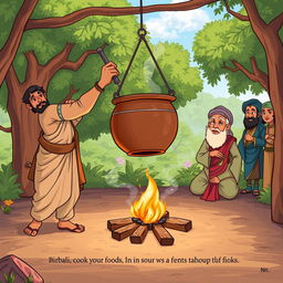 An amusing scene depicting Birbal cooking in an open-air setup