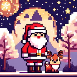 Pixel art PFP of a cute Santa Claus with a reindeer, standing in a snowy landscape under a starry night sky.