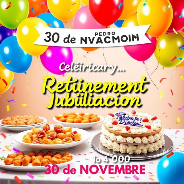 A vibrant and festive poster announcing a retirement party for Pedro and Diego on November 30th, with all text in Spanish