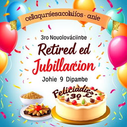 A vibrant and festive poster announcing a retirement party for Pedro and Diego on November 30th, with all text in Spanish