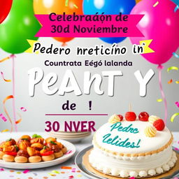 A vibrant and festive poster announcing a retirement party for Pedro and Diego on November 30th, with all text in Spanish