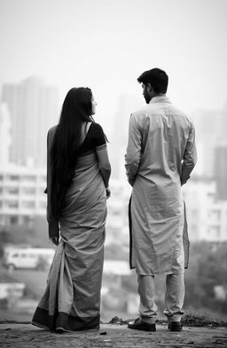 A poignant black and white scene depicting a sad love story between an Indian man and woman