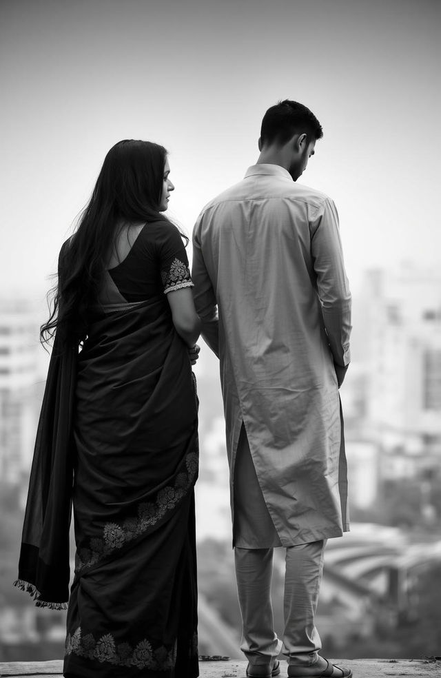 A poignant black and white scene depicting a sad love story between an Indian man and woman