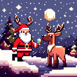 Pixel art PFP of a cute Santa Claus with a reindeer, standing in a snowy landscape under a starry night sky.