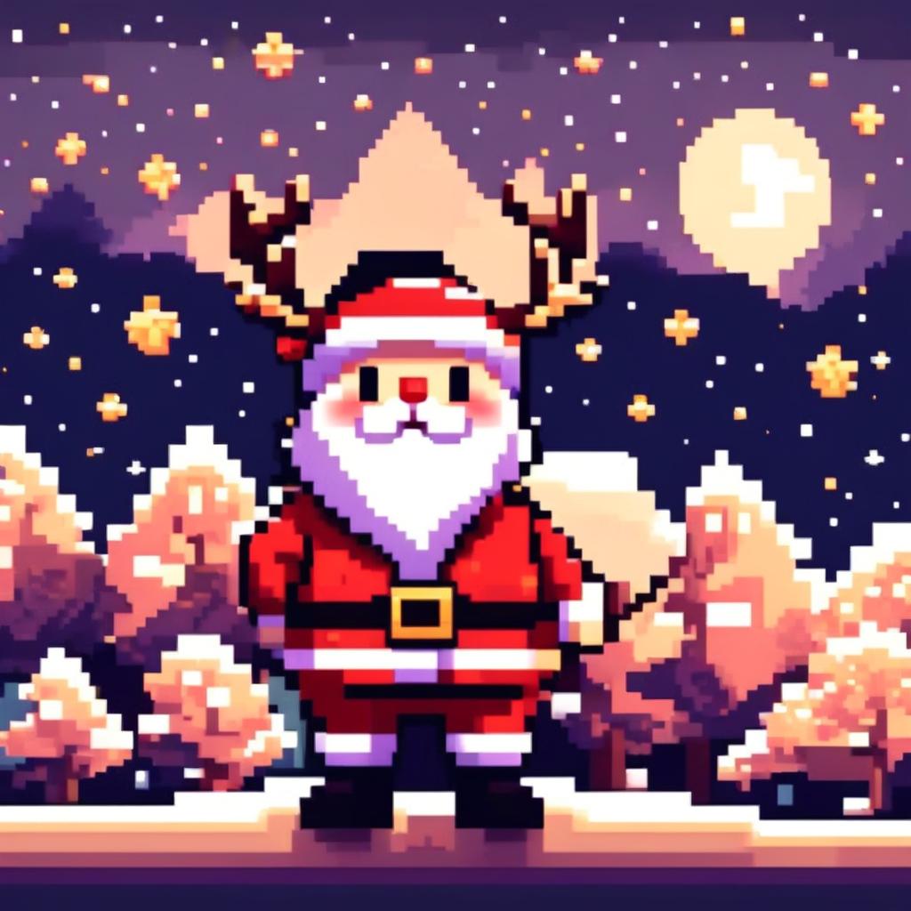 Pixel art PFP of a cute Santa Claus with a reindeer, standing in a snowy landscape under a starry night sky.