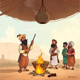 Birbal cooking in an open-air setup with a pot hanging high above, positioned far from a small fire on the ground, creating a humorous scene