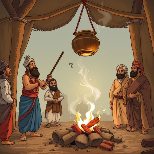 Birbal cooking in an open-air setup with a pot hanging high above, positioned far from a small fire on the ground, creating a humorous scene