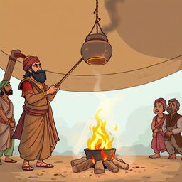 Birbal cooking in an open-air setup with a pot hanging high above, positioned far from a small fire on the ground, creating a humorous scene