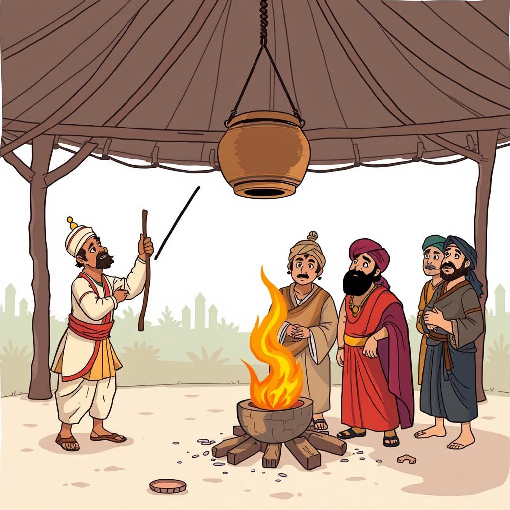 Birbal cooking in an open-air setup with a pot hanging high above, positioned far from a small fire on the ground, creating a humorous scene