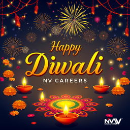 A festive Diwali poster featuring the name 'NV Careers' in an elegant and vibrant font