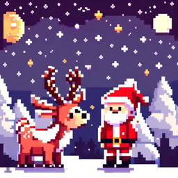 Pixel art PFP featuring a cute Santa Claus and his reindeer standing in a snowy landscape under a starry night sky.