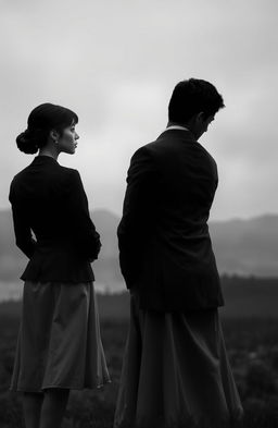 A poignant scene depicting a sad love story, featuring a man and a woman standing in opposite directions, symbolizing the distance and emotional disconnect between them