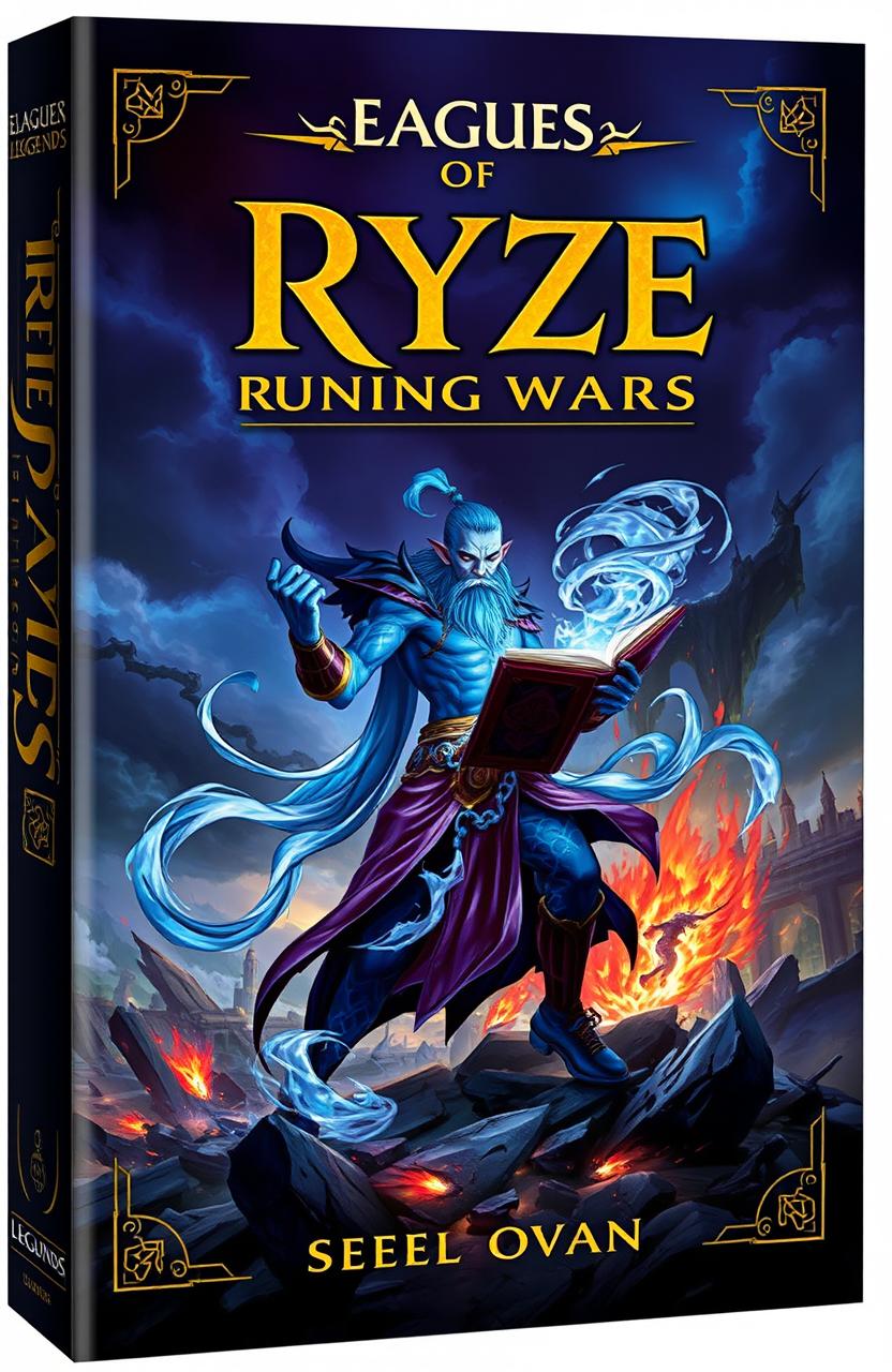 An epic book cover featuring Ryze from League of Legends, depicted in dynamic action against a backdrop of destruction from the Runic Wars