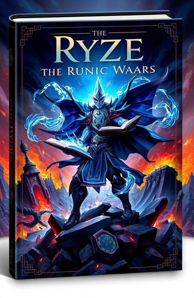 An epic book cover featuring Ryze from League of Legends, depicted in dynamic action against a backdrop of destruction from the Runic Wars