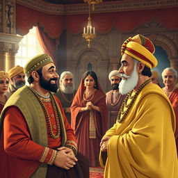 A warm and inviting scene in a royal court, where Akbar, the emperor, is smiling and nodding with understanding