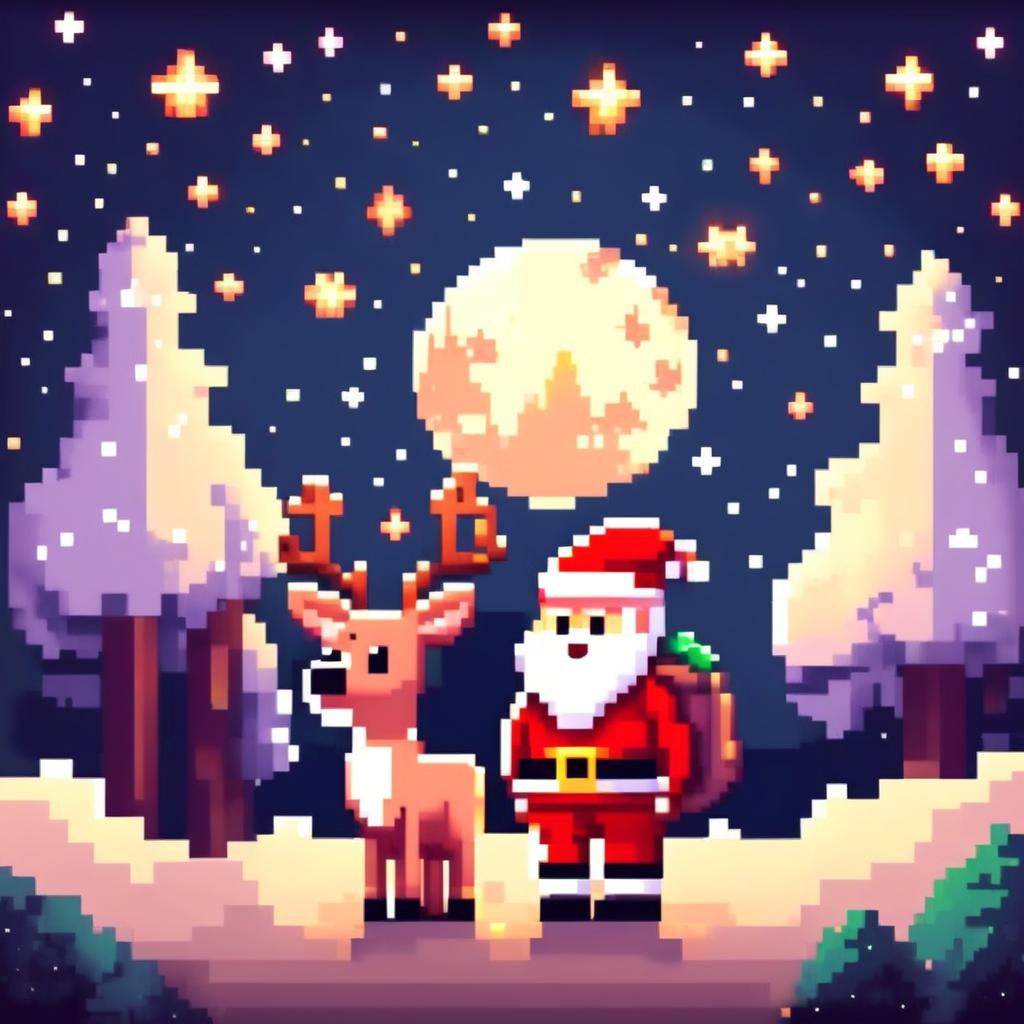 Pixel art PFP featuring a cute Santa Claus and his reindeer standing in a snowy landscape under a starry night sky.