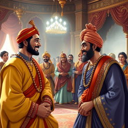 A warm and inviting scene in a royal court, where Akbar, the emperor, is smiling and nodding with understanding