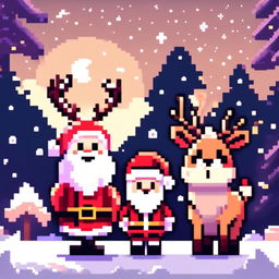 Pixel art PFP featuring a cute Santa Claus and his reindeer standing in a snowy landscape under a starry night sky.