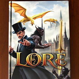 A captivating fantasy book cover featuring a man wielding magic, wearing an elegant top hat, alongside a striking dark elf holding a shimmering magical sword