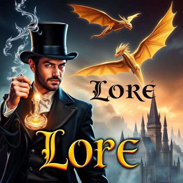 A captivating fantasy book cover featuring a man wielding magic, wearing an elegant top hat, alongside a striking dark elf holding a shimmering magical sword