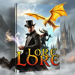 A captivating fantasy book cover featuring a man wielding magic, wearing an elegant top hat, alongside a striking dark elf holding a shimmering magical sword
