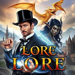 A captivating fantasy book cover featuring a man wielding magic, wearing an elegant top hat, alongside a striking dark elf holding a shimmering magical sword