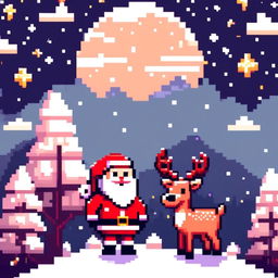 Pixel art PFP featuring a cute Santa Claus and his reindeer standing in a snowy landscape under a starry night sky.