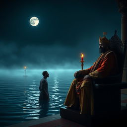 A vivid nighttime scene set in an ancient Mughal court
