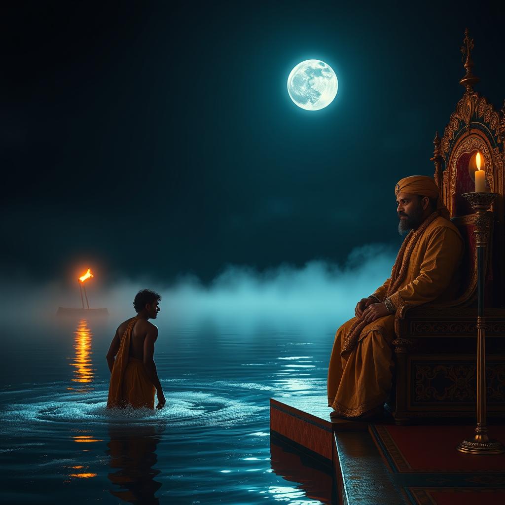 A vivid nighttime scene set in an ancient Mughal court