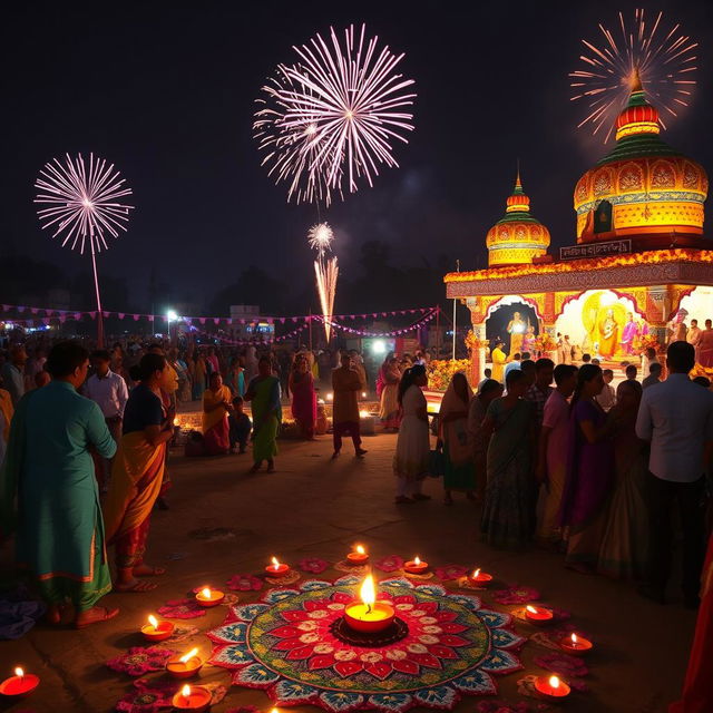 A vibrant and festive scene depicting the Diwali celebration at Punaura Dham, Sitamarhi