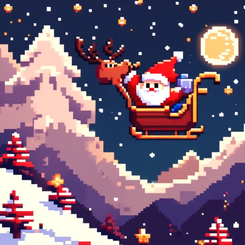 Pixel art PFP featuring a cute Santa Claus in his sleigh, flying over a snowy landscape under a starry night sky.