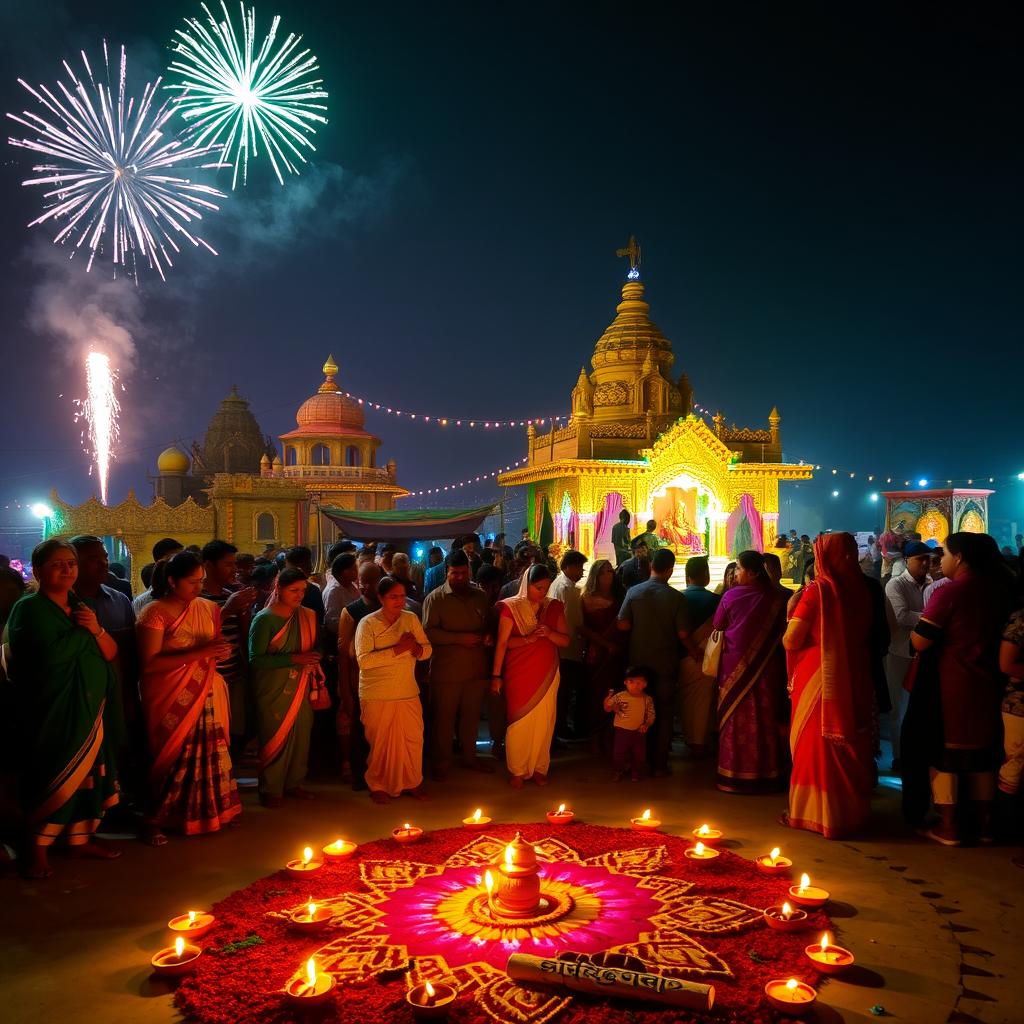 A vibrant and festive scene depicting the Diwali celebration at Punaura Dham, Sitamarhi