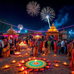 A vibrant and festive scene depicting the Diwali celebration at Punaura Dham, Sitamarhi