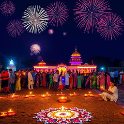 A vibrant and festive scene depicting the Diwali celebration at Punaura Dham, Sitamarhi