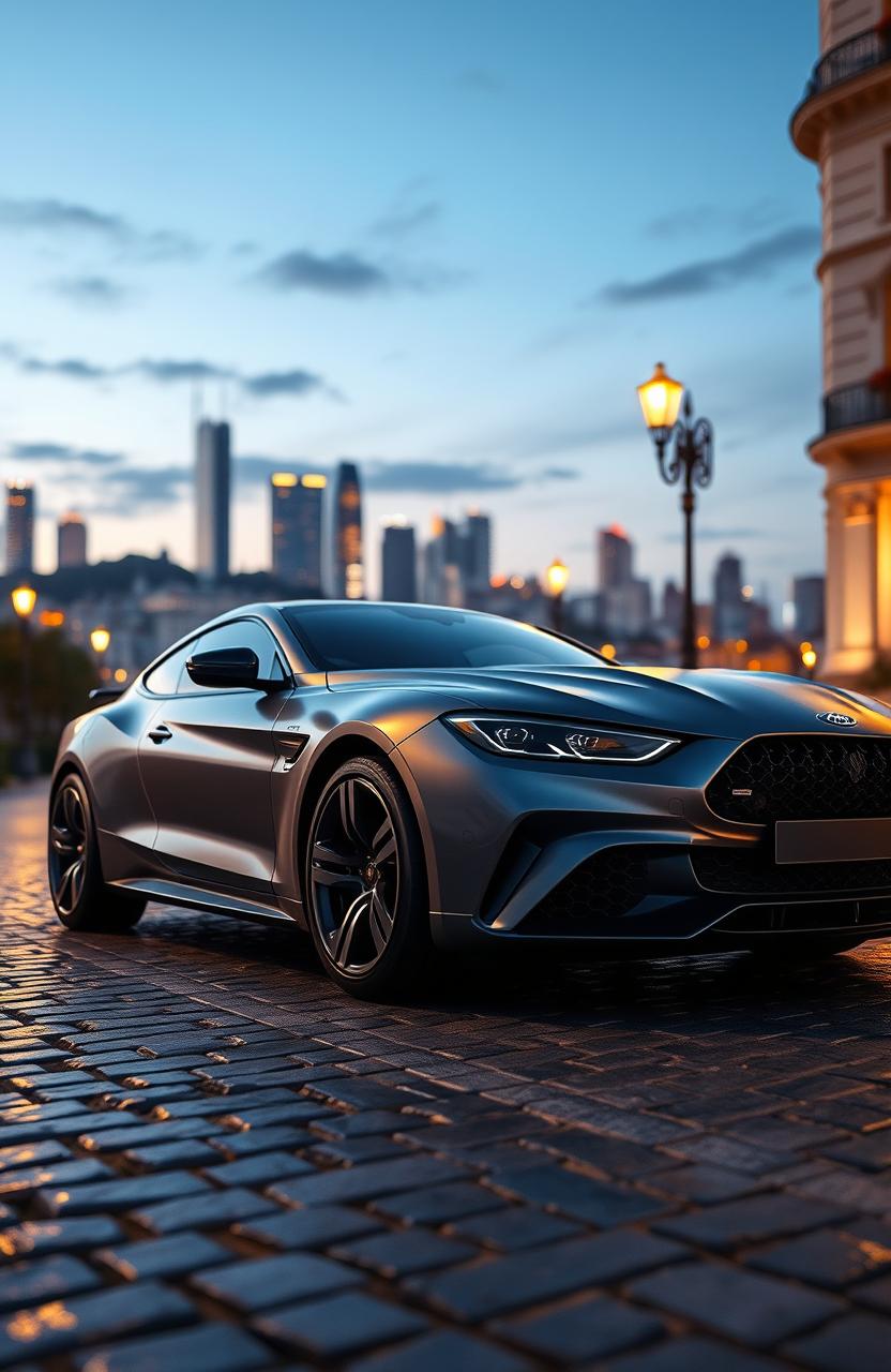 A realistic depiction of a beautifully crafted car, featuring a sleek, modern design with a matte grey finish, showcasing its elegant curves and aggressive stance