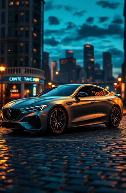 A realistic depiction of a beautifully crafted car, featuring a sleek, modern design with a matte grey finish, showcasing its elegant curves and aggressive stance