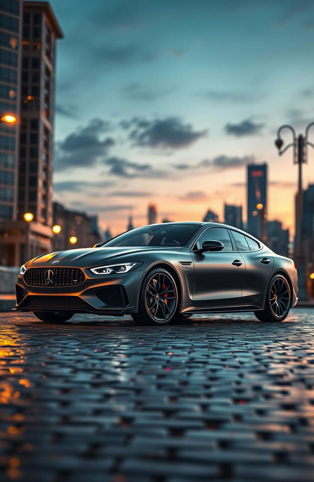 A realistic depiction of a beautifully crafted car, featuring a sleek, modern design with a matte grey finish, showcasing its elegant curves and aggressive stance