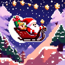 Pixel art PFP featuring a cute Santa Claus in his sleigh, flying over a snowy landscape under a starry night sky.