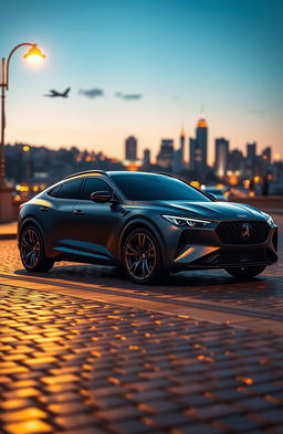 A realistic depiction of a beautifully crafted car, featuring a sleek, modern design with a matte grey finish, showcasing its elegant curves and aggressive stance