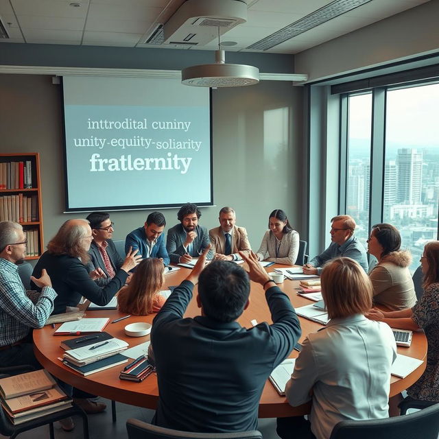 An exploration of the category of fraternity in political, legal, and social contexts, depicting a diverse group of people engaging in discussions and debates about fraternity at a roundtable