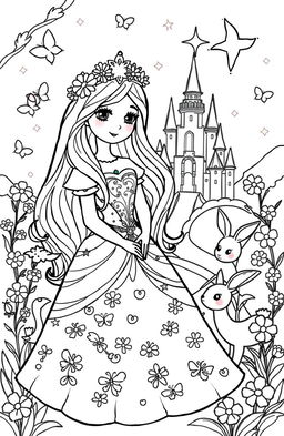 A delightful coloring book page featuring a charming princess in a whimsical fairy tale setting