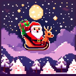 Pixel art PFP featuring a cute Santa Claus in his sleigh, flying over a snowy landscape under a starry night sky.