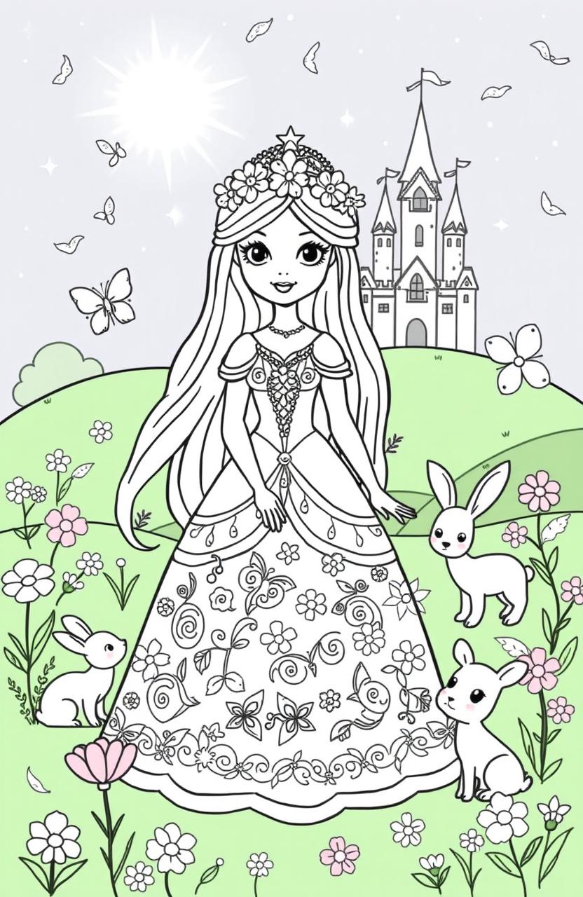 A delightful coloring book page featuring a charming princess in a whimsical fairy tale setting