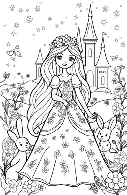 A delightful coloring book page featuring a charming princess in a whimsical fairy tale setting