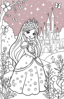 A delightful coloring book page featuring a charming princess in a whimsical fairy tale setting