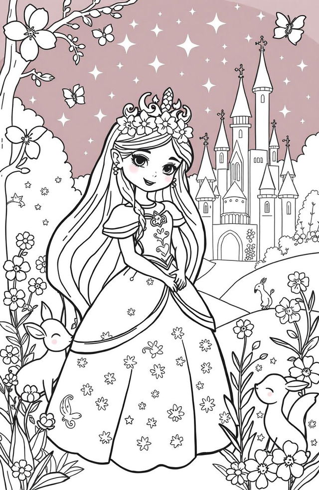 A delightful coloring book page featuring a charming princess in a whimsical fairy tale setting