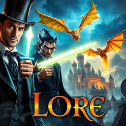 An epic fantasy book cover featuring a charismatic man with magic powers, elegantly dressed and wearing a tall top hat