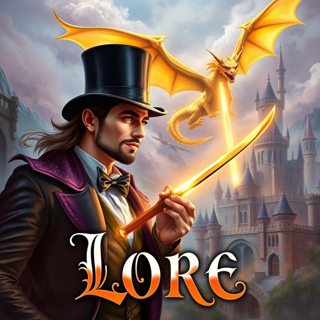 An epic fantasy book cover featuring a charismatic man with magic powers, elegantly dressed and wearing a tall top hat