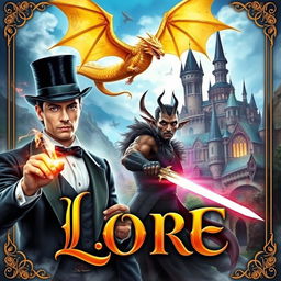 An epic fantasy book cover featuring a charismatic man with magic powers, elegantly dressed and wearing a tall top hat